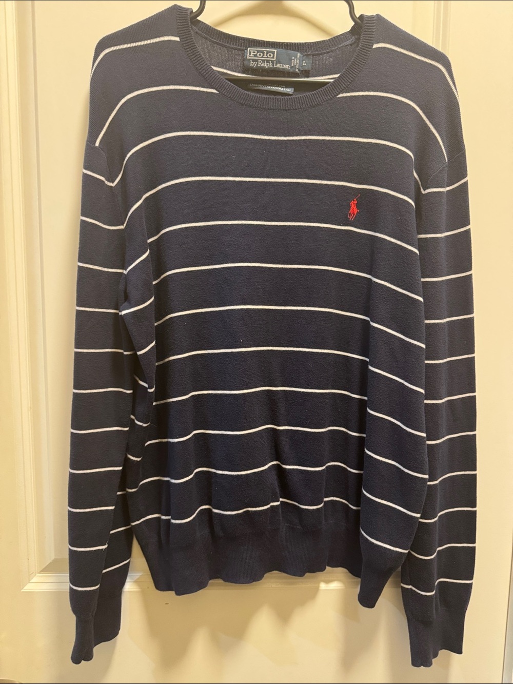 Polo by Ralph Lauren Navy and White Striped Crewneck Sweater Mens L